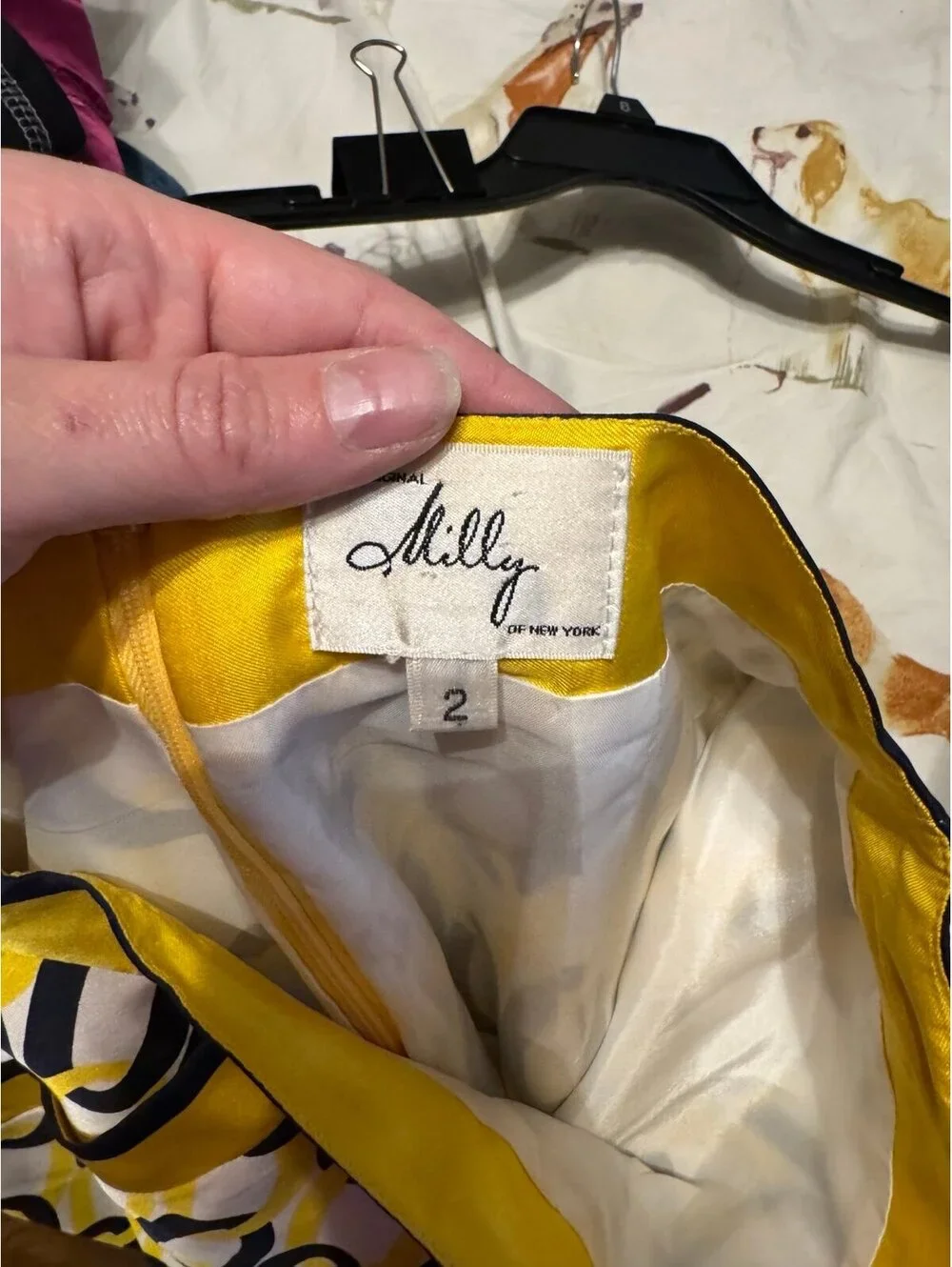 Milly Size 2 Silk Print Pencil Skirt Zipper Back Yellow/Black/White Print